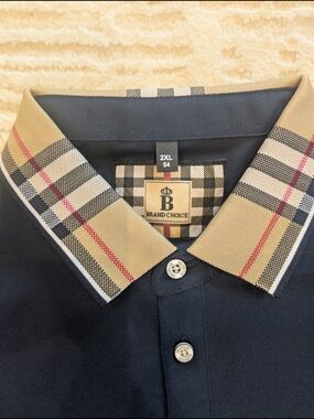 Men’s Navy Polo with Beige Plaid Contrast Collar - 2XL